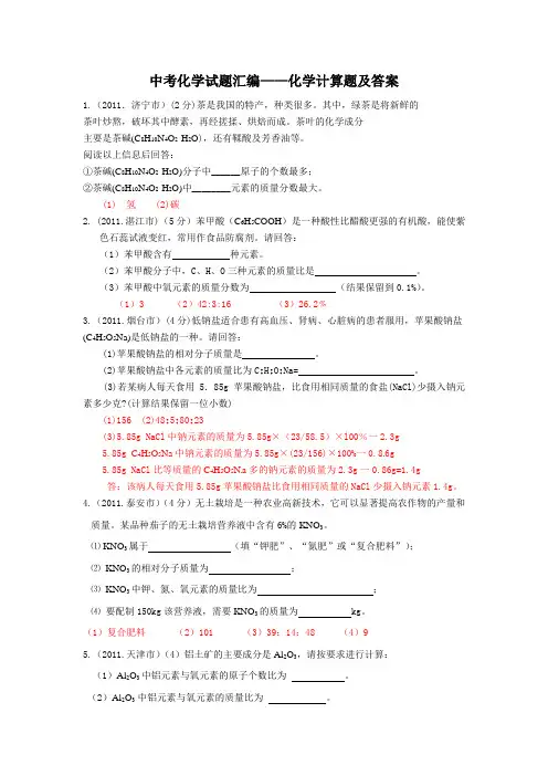 初中化学计算题专题及答案