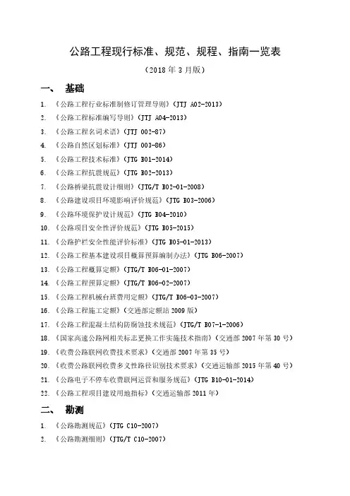 公路工程现行标准、规范、规程、指南一览表(更新至2018年3月)