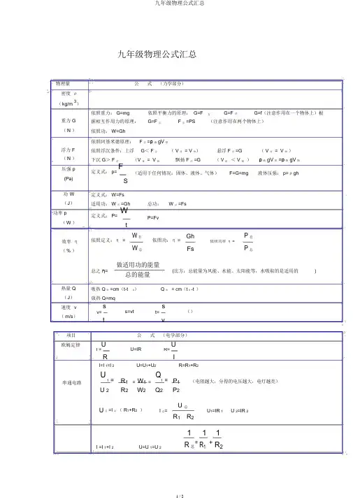 九年级物理公式汇总