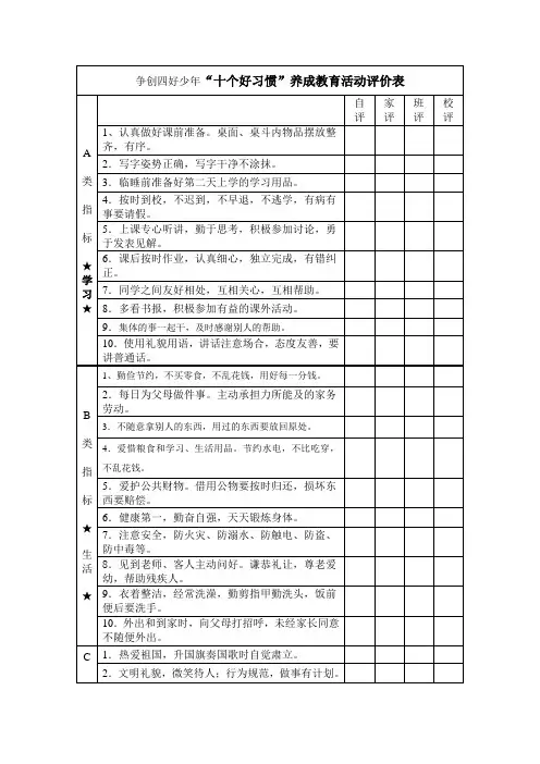 学生好习惯十条标准