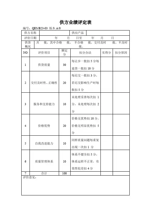 供方业绩评定表
