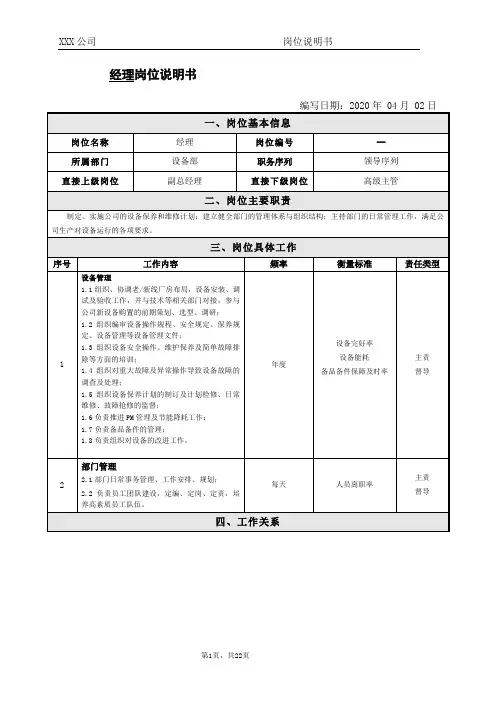 设备部岗位说明书 2