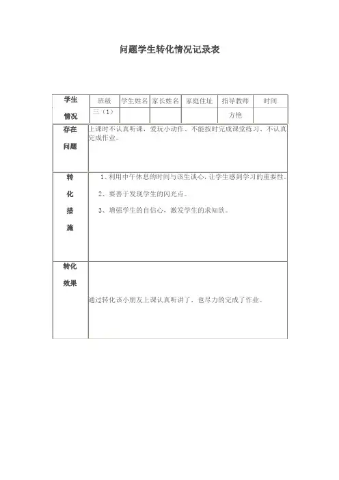 上课不认真问题学生转化情况记录表1