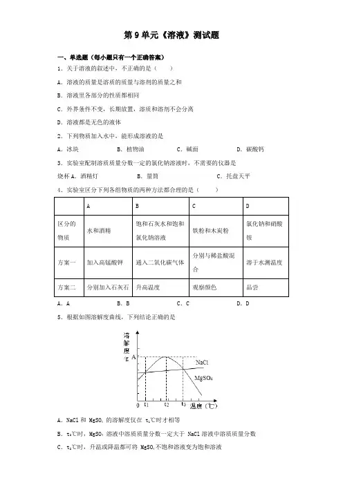 人教版化学九年级下册第9单元《溶液》测试试题(含答案)