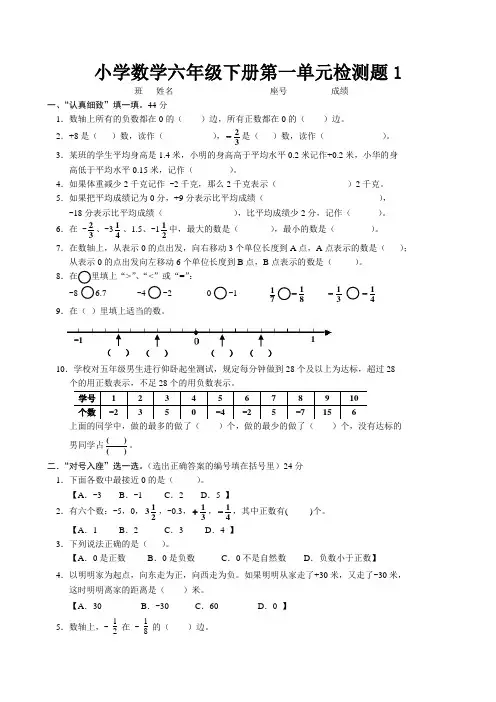 小学数学六年级下册第一单元检测题1