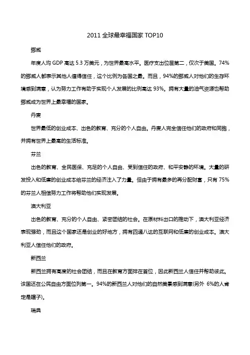 全球高福利国家排行榜 最幸福国家TOP