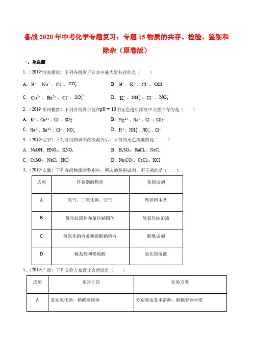 专题15物质的共存、检验、鉴别和除杂(原卷版)
