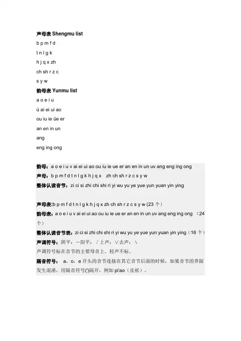 声母表Shengmu list