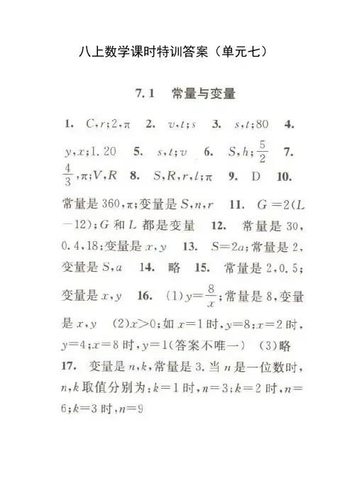 八上数学课时特训答案(单元七)