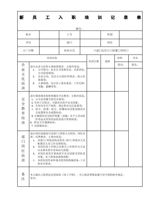 新员工入职培训记录表 4