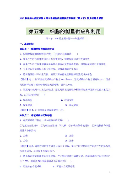 生物人教版必修1同步训练：第5章细胞的能量供应和利用(第3节) Word版含答案