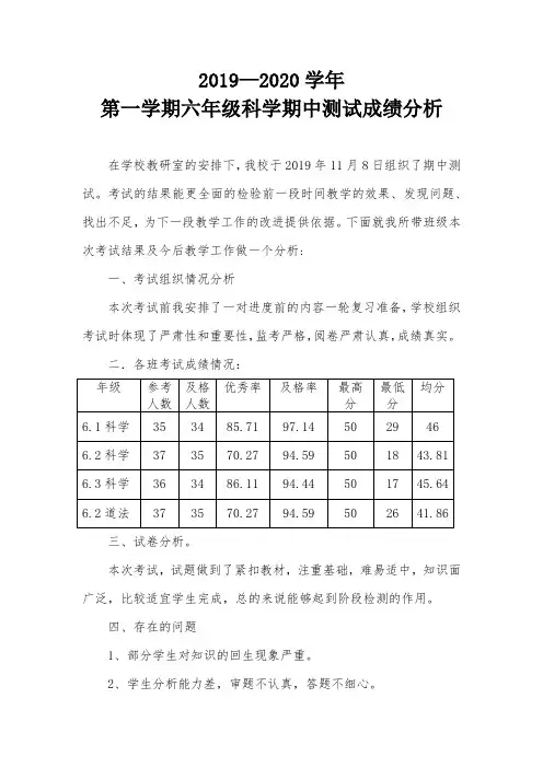 六年级科学期中成绩分析
