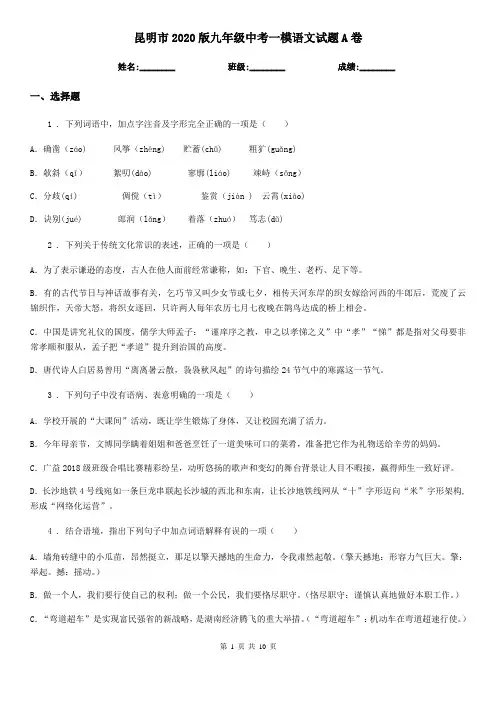 昆明市2020版九年级中考一模语文试题A卷