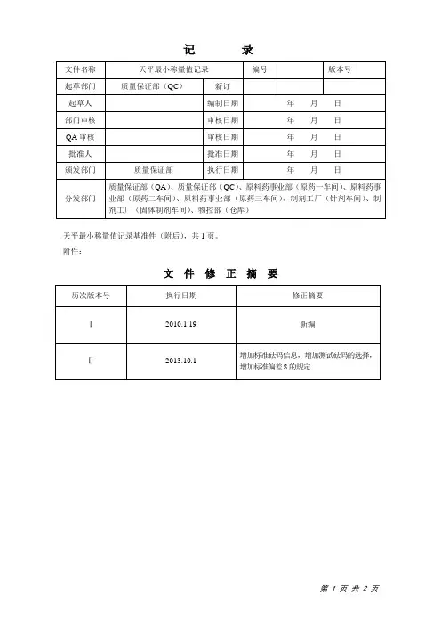 USP天平最小称量值记录