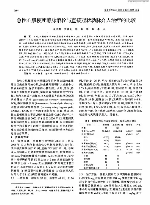 急性心肌梗死静脉溶栓与直接冠状动脉介入治疗的比较