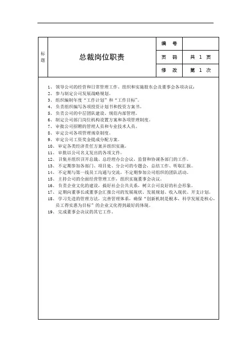 【超多岗位说明书大全】公司岗位职责说明书