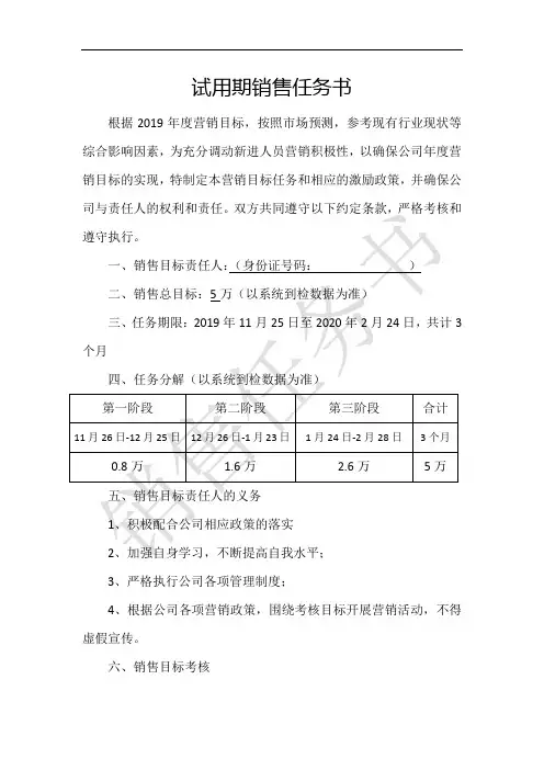 试用期销售员任务书