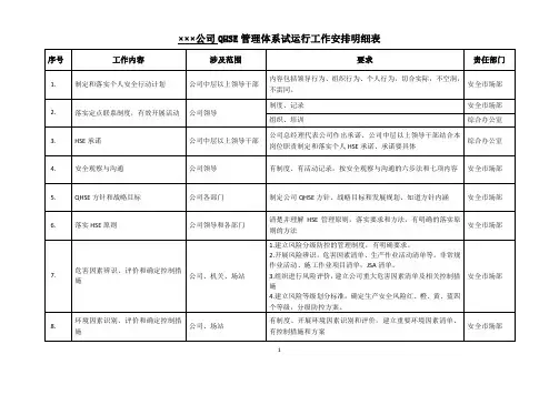 安全生产管理实施方案-QHSE管理体系试运行工作安排