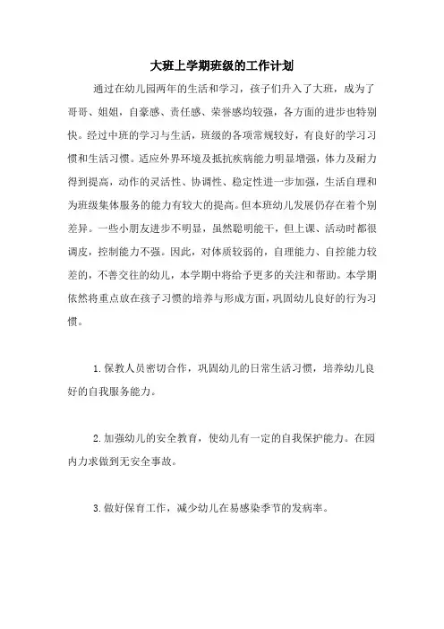 2020年大班上学期班级的工作计划