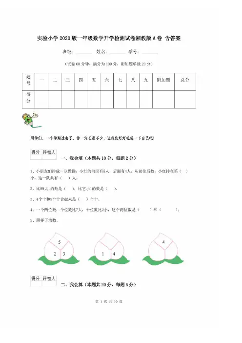 实验小学2020版一年级数学开学检测试卷湘教版A卷 含答案