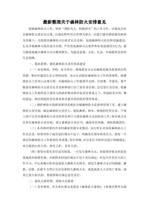 最新整理关于森林防火安排意见.docx