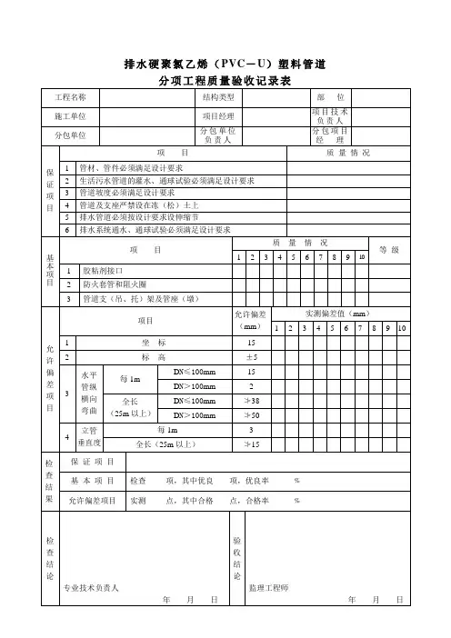 排水硬聚氯乙烯(PVC-U)塑料管道分项工程质量验收记录表