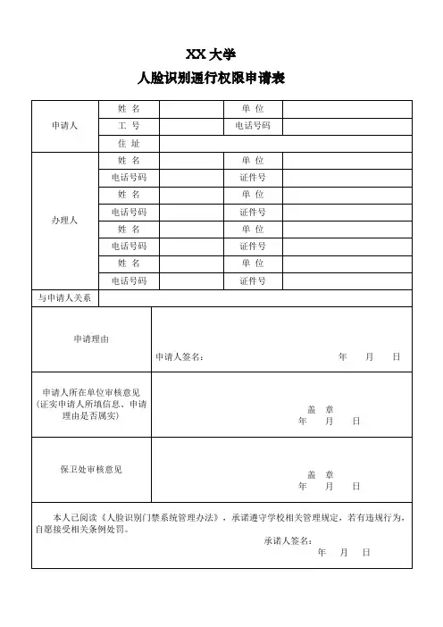 XX大学人脸识别通行权限申请表
