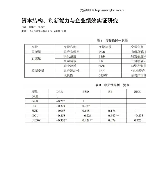 资本结构、创新能力与企业绩效实证研究