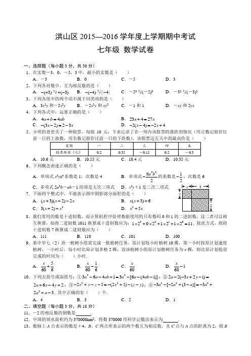 洪山区2015—2016学年度上学期期中考试七年级数学试卷(附答案)