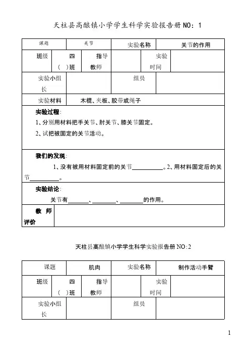 苏教版小学四年级科学下册实验报告册
