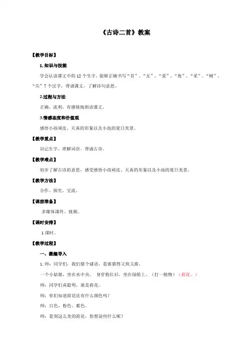 人教部编版一年级下册语文 《古诗二首》教案