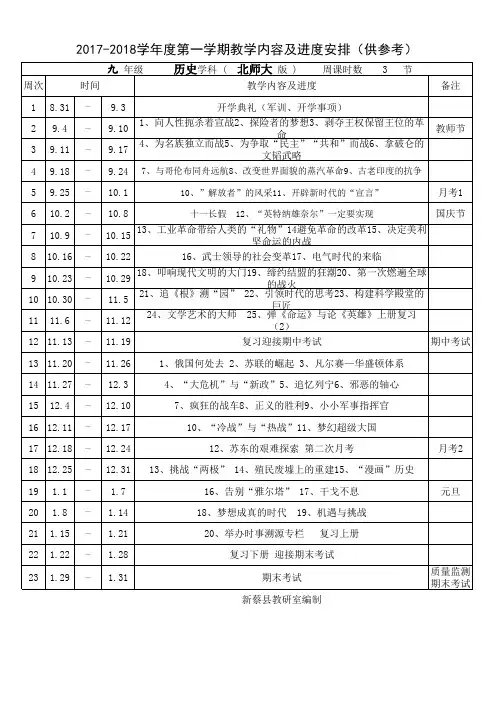 2017-2018学年度第一学期九年级历史教学进度