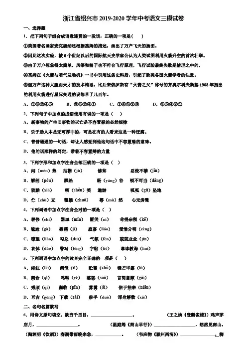 浙江省绍兴市2019-2020学年中考语文三模试卷含解析