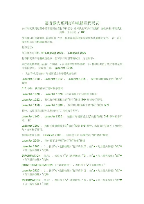 惠普激光系列打印机错误代码表