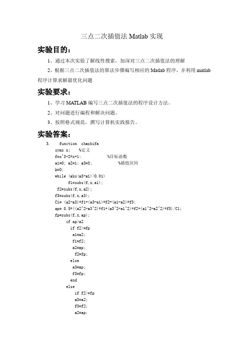 三点二次插值法Matlab实现
