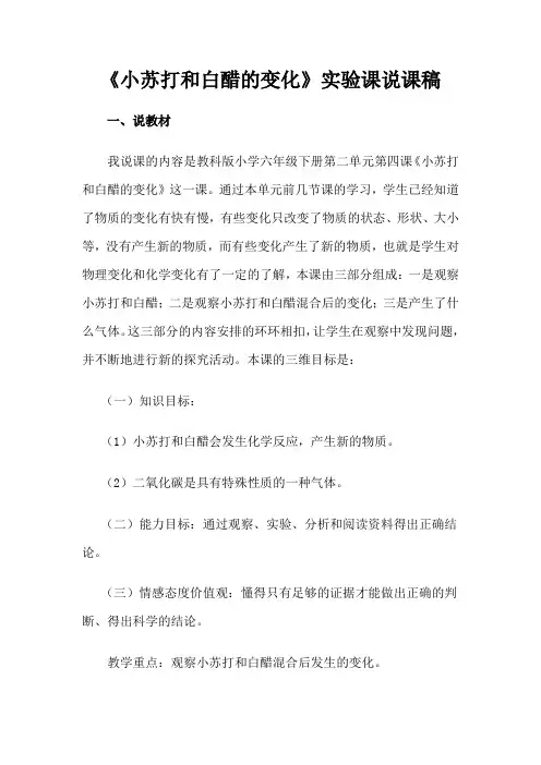 六年级下册科学实验课说课稿-2. 4 小苏打和白醋的 变化｜教科版