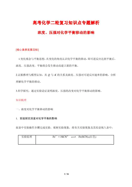 高考化学二轮复习知识点专题解析5---浓度、压强对化学平衡移动的影响 
