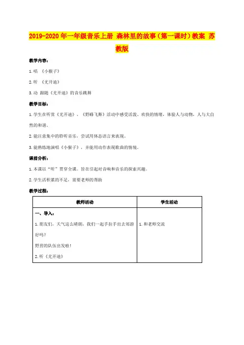 2019-2020年一年级音乐上册 森林里的故事(第一课时)教案 苏教版