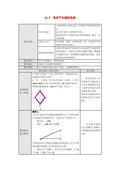 2015年秋新人教版八年级数学上册备课教案12.3角的平分线的性质.doc