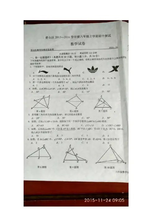 青山区2015~2016学年度上学期八年级期中测试