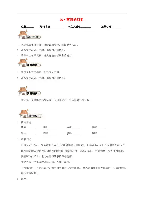 八年级语文上册 20 落日的幻觉导学案(新版)新人教版