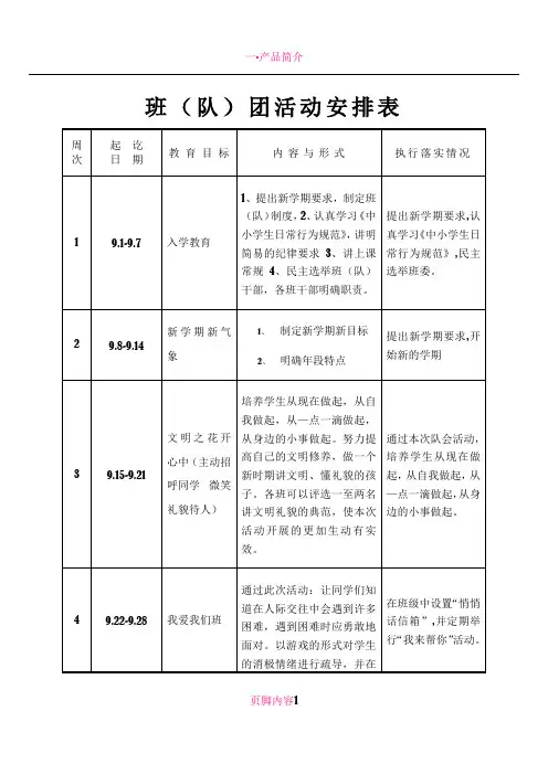 304班班(队)团活动安排表