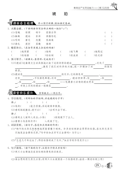 北师大版语文六年级下课课练·4 琥珀(含答案)