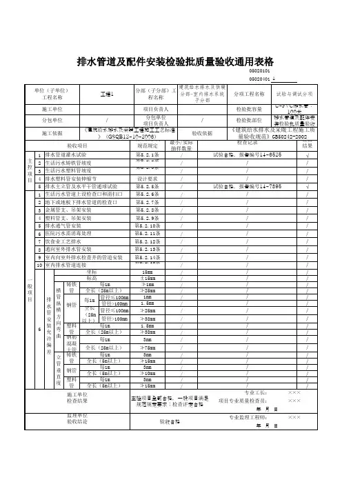 排水管道及配件安装检验批质量验收通用表格