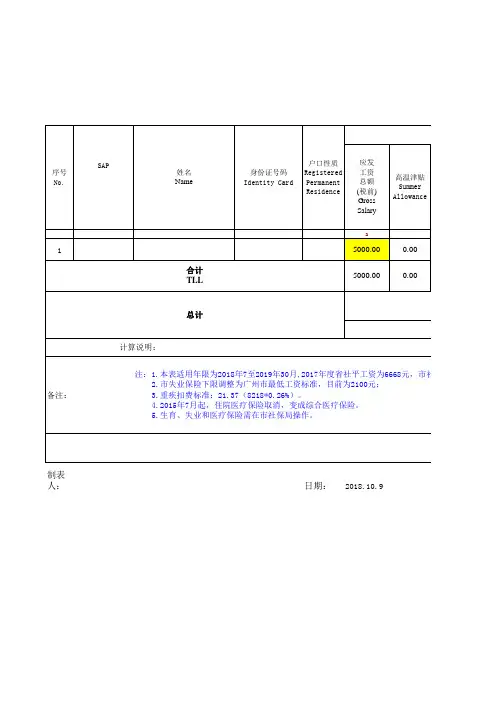 2018工资表(带公式)-5000起征点(中英文)
