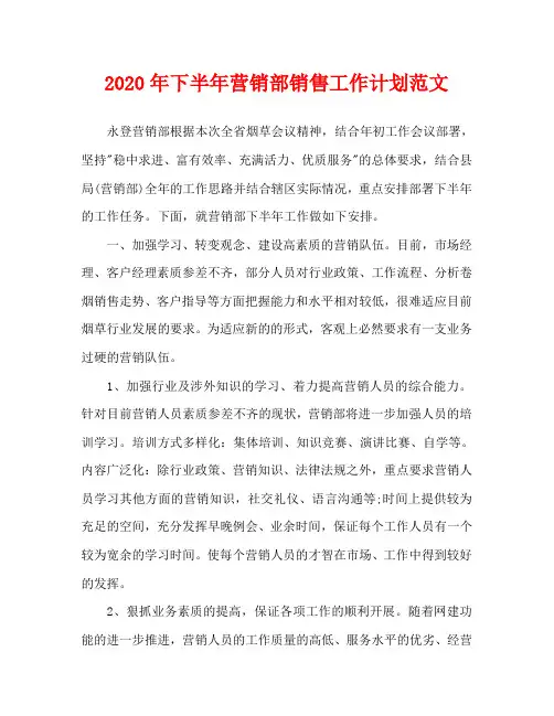 2020年下半年营销部销售工作计划范文