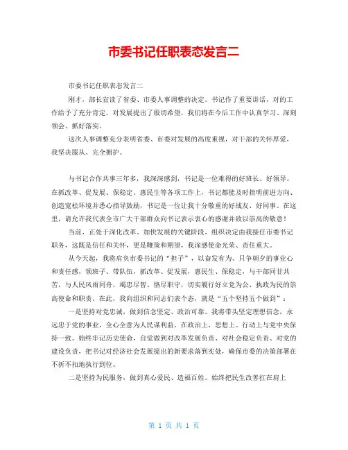 市委书记任职表态发言二