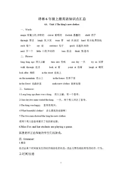 最新译林版六年级上册6A英语知识点总结