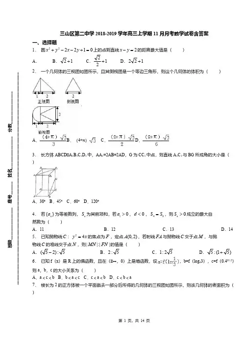 三山区第二中学2018-2019学年高三上学期11月月考数学试卷含答案