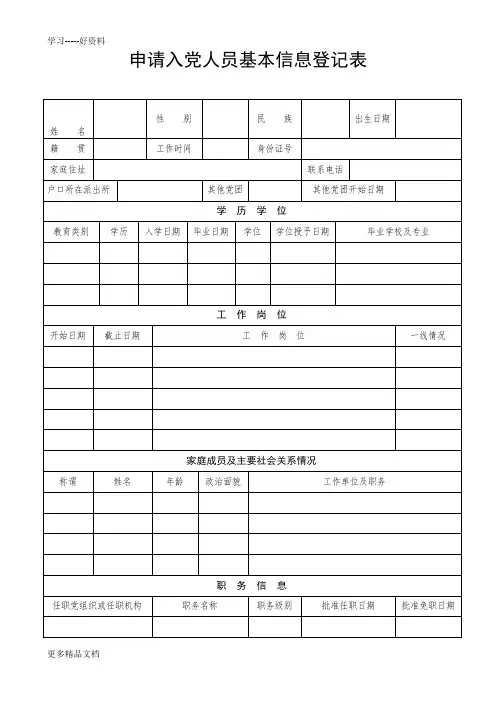 申请入党人员基本信息登记表汇编